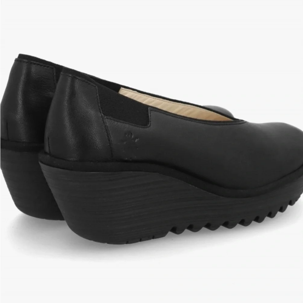 Fly London Black Leather Wedge Slip-Ons